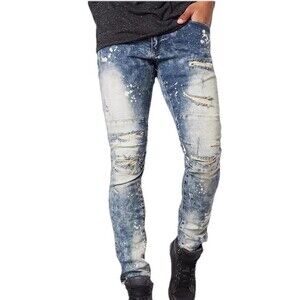 Smoke Rise Men’s Stella Blue Taper Stretch Distressed Paint Splatter Jeans 32x32